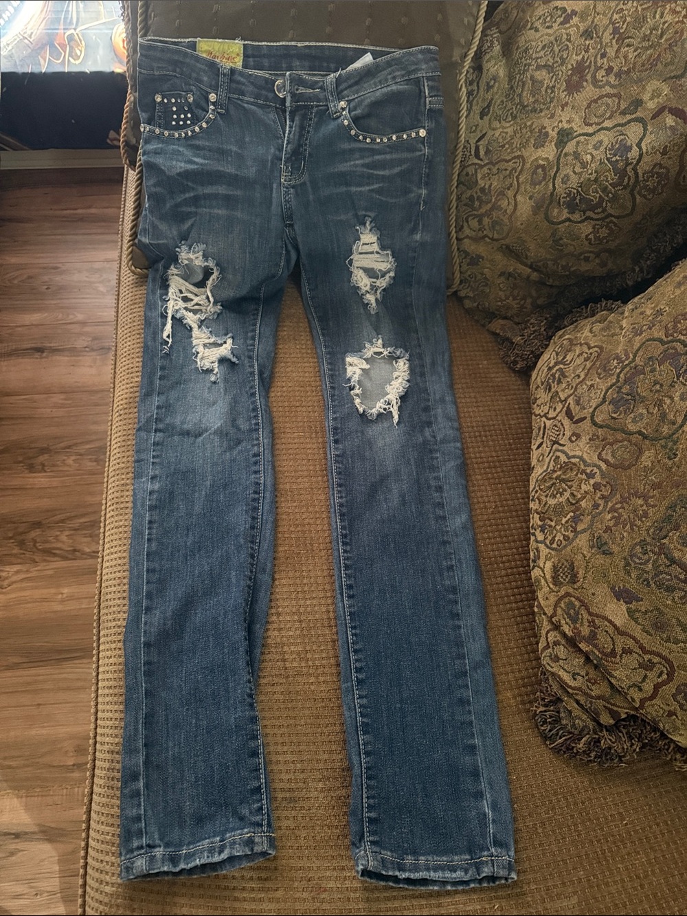 Embellished Machine Women's Skinny Distressed Blue Jeans with Studded Pockets